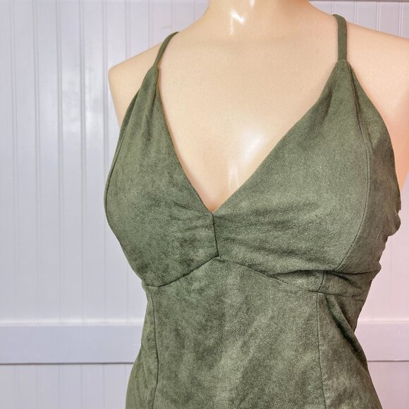 Windsor Olive Green Suede-Look Halter V-Neck Mini Dress Bodycon Club Party - Picture 1 of 10